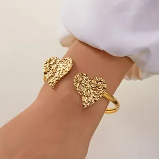Gold Heart Cuff Bracelet for Women, 18K Gold Plated Stainless Steel Hammered Texture Love Bangle, Hypoallergenic Tarnish Free, Romantic Gift Jewelry