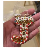 Christmas Letter J Rhinestone Pendant Charm, Alloy 18K Gold Plated with Crystal, Red-White Candy Stripe & Flower Design, Bow Ribbon, DIY Beading Bag Ornament Gift Decoration