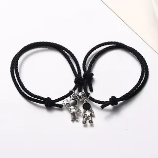 Astronaut Space Man Magnetic Attract Couple Necklace Bracelet Set, Silver Plated Alloy Adjustable 16-28cm, Cute Gift for Her Him