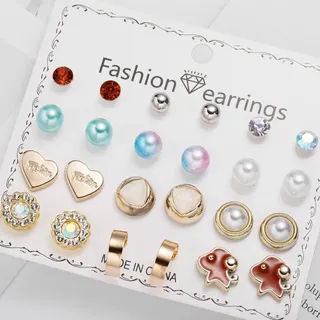 12 Pairs White Gold Heart Flower Pearl & Rhinestone Stud Earrings Set, Sweet Luxury Fashion Earrings Card Pack, Bridal Party Daily Jewelry Gift