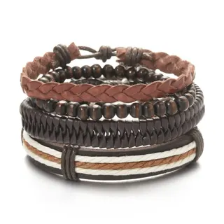 Men's Bracelet Set - Vintage Bohemian Wood Bead & Leather Braided Wristband, Multi-Layer Chain-Weave Combo, Outdoor Workwear Style, Handmade, 9.4cm