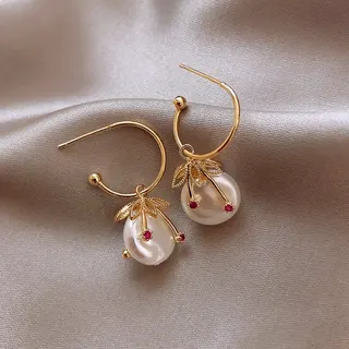 Cherry Pearl Hoop Earrings - Gold Alloy Openwork Leaf Design with Rhinestone Accents, Sweet Vintage Dangle Earrings for Women