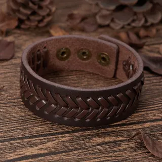 Men's Leather Bracelet Wide 2.4cm Woven Braided Cuff, Dark Brown Adjustable Grommet Buckle, Vintage Workwear Outdoor Wristband