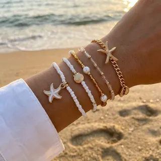 Summer Ocean Starfish Shell Pearl Bracelet Set, Gold Alloy Beaded Stackable Bracelets with Imitation Pearl & Rice Beads, Boho Beach Vacation Jewelry Gift for Women
