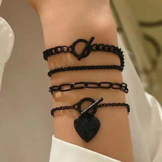Gothic Black Chain Bracelet Set of 4 - Alloy & Iron Chain with Heart Locket Pendant & Slash Symbol, Punk Layered Cuff for Women