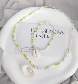 Macaron Beaded Shell Necklace & Bracelet Set - Pearl Shell Charm, Pastel Pink Blue White String Beads, Beach Vacation Jewelry for Women