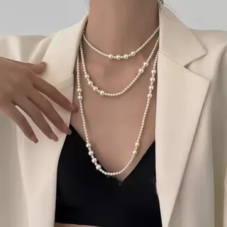 Layered Fake Pearl Necklace - French Vintage Multi-Strand Long Pearl Chain 81cm, Mixed Bead Design, Commute & Date Jewelry for Women