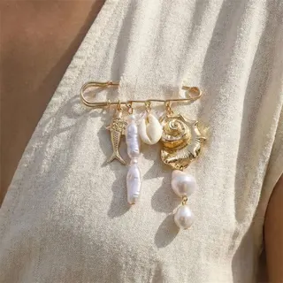 Boho Ocean Brooch Pin - Gold Alloy Conch Shell Fish & Baroque Pearl Dangle, Beach Vacation Shirt Accessory