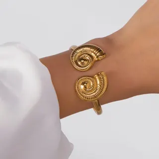 Ocean Series Stainless Steel Bangle Gold Nautilus Spiral Open Cuff Bracelet, 18K Gold Plated Hypoallergenic Vintage Jewelry for Women