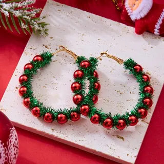 Christmas Bead Hoop Earrings - Alloy Red & Green Tinsel Wreath Statement Earrings, Festive Party Holiday Jewelry 5x7cm Pair