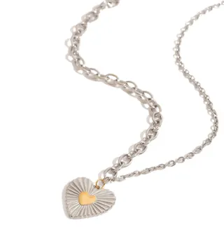 Stainless Steel Heart Necklace for Women - Radiant Sunburst Heart Pendant with Gold Accent, Hypoallergenic Tarnish-Free Adjustable Clavicle Chain, 40+5cm