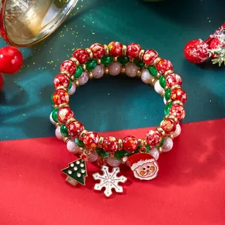 Christmas Beaded Bracelet Set of 3 - Santa Snowflake Christmas Tree Charm Bracelets, Red White Green Holiday Stackable Elastic Bracelets for Women Girls, Gift for Xmas Party