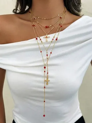 Cross Crystal Tassel Y-Shape Layered Necklace 4-Piece Set, Red Crystal & 18K Gold Plated Chain, Long Pendant Multi-Strand Choker for Women