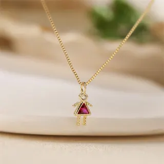 October Birthstone Pink Girl Pendant Necklace - 18K Gold Plated Copper with Micro-Paved Zircon & Pink Tourmaline, Adjustable 40+5cm Chain, Cute Mini Dainty Locket for Women Girls, Birthday Gift