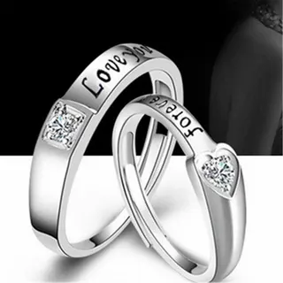 Forever Love Couple Ring Set, Adjustable Open Band, White Gold Plated Copper with Cubic Zirconia, Square & Heart Cut, Engraved Love You Forever, Anniversary Gift for Him & Her