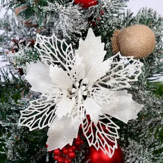 Christmas Tree Ornament Red Glitter Cutout Flower 9cm Shiny Metal Hollow Flower Decoration for Wreath Porch Party Holiday Decor