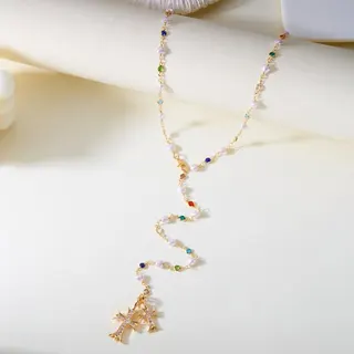 Long Y-Shape Pearl Cross Necklace, 18K Gold Plated Copper with Colorful Beads & Multi-Crystal Cross Pendant, Vintage Luxury Women's Chain 70cm
