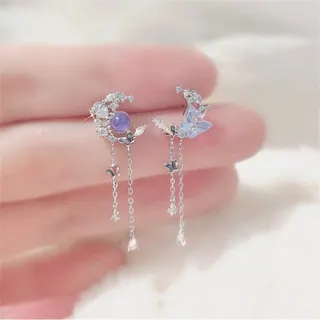 French Fairy Butterfly Tassel Earrings Asymmetrical Zircon Long Drop Earrings Alloy Plated Hypoallergenic for Women