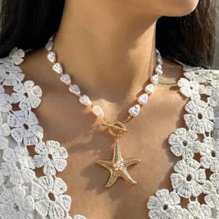 Vacation Style Starfish Pearl Necklace for Women, Luxury OT Clasp Gold Alloy Chain 44cm Beach Jewelry Collarbone Necklace