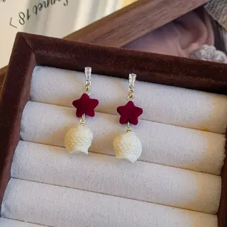 Vintage Velvet Star & Fish Dangle Earrings, Cute Red Alloy Drop Earrings with Rhinestone Post, French Chic Retro Jewelry for Women, 1 Pair