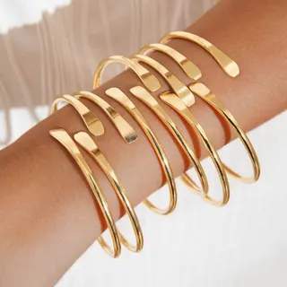 6-Piece Gold Tone Open Cuff Bangle Set, Punk Layered Stackable Bracelets, Adjustable Mirror-Polished Alloy Wrist Jewelry, Statement Stacking Bangles for Women