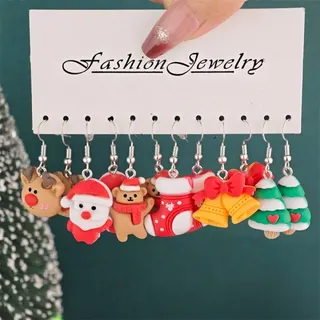 Christmas Earrings Set of 6 Pairs - Santa, Bells, Snowman, Stocking, Bear & Tree Resin Dangle Earrings, Cute Cartoon Holiday Jewelry Gift for Women Girls
