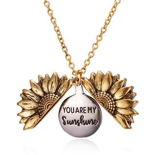 You Are My Sunshine Openable Sunflower Pendant Necklace, Antique Silver Alloy, Custom Engraved, 3x3cm, 52+5cm Chain, Gift for Her