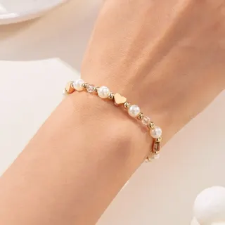 Cross Pearl Crystal Beaded Bracelet for Women, Stretchy 16-28cm, Freshwater Pearl + 18K Gold Plated Copper + Faceted Crystal, Elegant Sweet Beaded Wristband Gift
