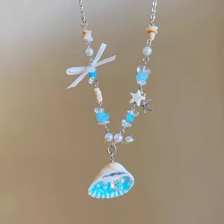 Beach Vacation Style Blue Starfish Shell Necklace with Pearl Ribbon Beads, 58cm Alloy Beaded Pendant Chain for Women Summer Ocean Jewelry