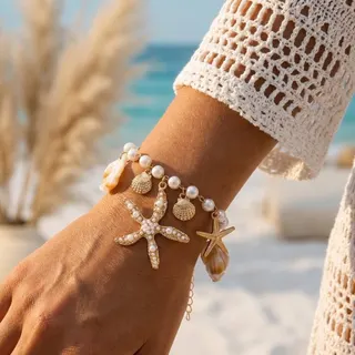 Ocean Starfish Shell Pearl Anklet for Women - Gold Alloy Beach Boho Charm Foot Chain, Adjustable 43+7cm Summer Vacation Jewelry