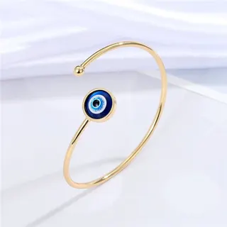 Evil Eye Bracelet for Women, Open Cuff Bangle, Silver Plated Alloy, Blue Eye Charm, Boho Minimalist Jewelry