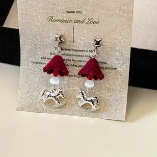Rocking Horse New Year Earrings - Wine Red Velvet Flower Star & Pearl Dangle Earrings, Vintage Sweet Alloy Drop Earrings for Women, Holiday Gift