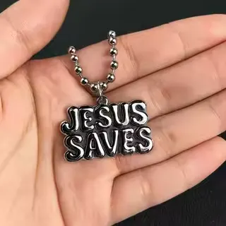 Stainless Steel JESUS SAVES Letter Pendant Necklace, Vintage Gothic Font Chain, 5mm Ball Chain, Hypoallergenic Faith Jewelry for Men and Women