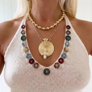 Heavy Metal Cross Spiral Pendant Necklace, Gold Plated Alloy, Vintage Statement Round Disc with White Stones, Adjustable 40+5cm Chain, Women's Jewelry