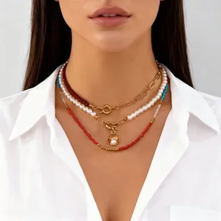 Vintage Sweet-Cool Layered Necklace, Multi-Strand Beaded Pearl & Shell Pendant Choker, 18K Gold Plated Alloy, ~40cm, Boho Summer Jewelry