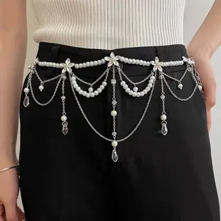 Multi-Layer Pearl Tassel Waist Chain for Women - Silver Chain with Crystal Drop & Flower Beads, Bohemian Luxury Belt Accessory