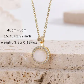 Luxury Round Mother of Pearl Necklace with Cubic Zirconia, 18K Gold Plated Copper Chain, 45cm Adjustable Clavicle Chain for Women