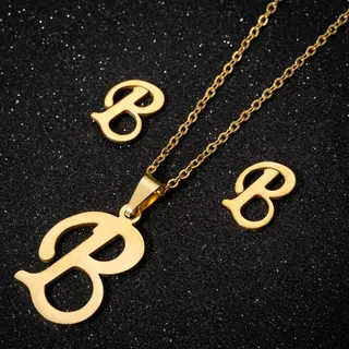 Letter Z Necklace & Earrings Set, 18K Gold Plated Stainless Steel, Monotyep Corsiva Script Font Pendant, 45cm Chain, Hypoallergenic Tarnish-Free Jewelry Gift Set