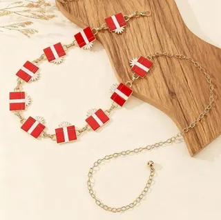 Christmas Gift Box Waist Chain Belt, Alloy 18K Gold Plated Red & Gold Decorative Body Chain, Adjustable 62.5+52cm Holiday Party Photo Accessory