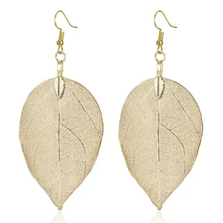 Natural Real Leaf Specimen Earrings, Gold Vintage Forest-Style Leaf Dangle Earrings, Alloy Electroplated Nature Jewelry 3x6cm, Pair