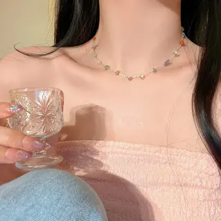 Colorful Raw Stone Choker Necklace - French Chic Beaded Collar Chain, Gold Alloy Adjustable 38+5cm, Delicate Lockbone Jewelry for Women