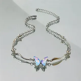 Butterfly Locket Necklace for Women, Iridescent AB Crystal Butterfly Pendant, Silver Plated Alloy Chain, Adjustable 45+5cm, Sweet Luxury Collarbone Chain