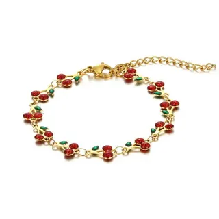 Vintage Cherry Enamel Bracelet for Women - 18K Gold Plated Stainless Steel, Adjustable Lobster Clasp, Hypoallergenic Sweet Retro Beaded Jewelry Gift