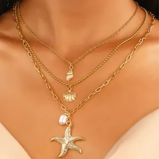 Starfish Pearl Layered Necklace - Ocean Themed 3-Chain Collarbone Necklace with Shell & Conch Pendants, 18K Gold Plated Alloy, Micro-Paved Zirconia Starfish Charm, 37+5cm
