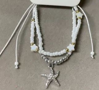 Ocean Style White Beaded Bracelet with Star Charm, Adjustable Drawstring Boho Bracelet/Necklace, Crystal Star Pendant Jewelry for Women