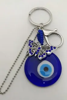 Nazar Evil Eye Butterfly Keychain, Blue Alloy Charm Key Ring with Beaded Butterfly & Ball Chain, Boho Protective Talisman Bag Pendant Gift