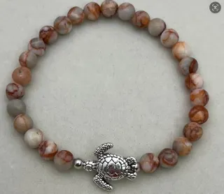 Vintage Sea Turtle Beaded Bracelet - Alloy Silver Turtle Charm + Textured Stone Beads 8mm Ocean Element Handmade Style Jewelry for Women