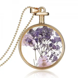 Vintage Round Glass Flower Pendant Necklace - Real Purple Baby's Breath Dried Flower Brooch, 18K Gold Plated Alloy & Sealed Glass, 60cm Chain, Boho Gift for Women