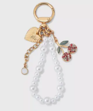 Cute Pearl Heart Keychain Charm, Cherry Rhinestone Gold Alloy Bag Pendant, Sweet Girl Style Beaded Keyring Gift, Approx 10cm