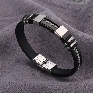 Stainless Steel Silicone Bracelet for Men, Black Magnetic Clasp Woven Metal Band, Waterproof Hypoallergenic Minimalist Bangle, 21.5cm Unisex Wristband